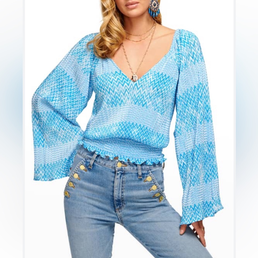Ramy Brook Stella Chevron V-Neck Bell Sleeve Top Size XS Boho Retro Vibrant Blue